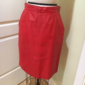 VINTAGE red genuine leather high waist skirt